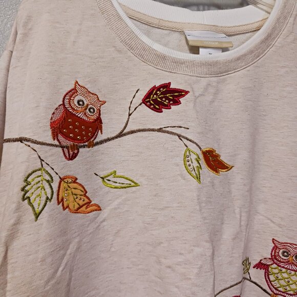 Alfred Dunner Embroidered Owls Fall Leaves Sweatshirt Oatmeal Tan Cottagecore 2X - Picture 4 of 7